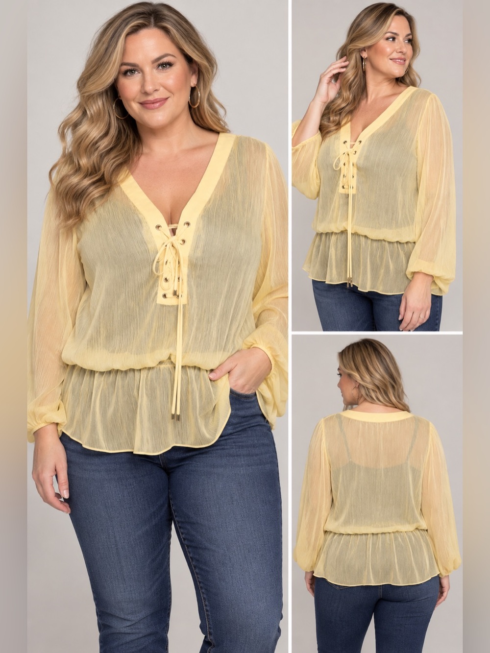 Cache Sheer Pale Yellow Lace-Up Peplum Tunic